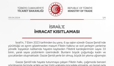 İsrail’e 54 ürün grubunda ihracat kısıtlaması getirildi