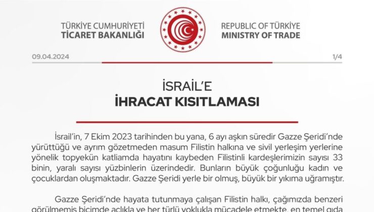 İsrail’e 54 ürün grubunda ihracat kısıtlaması getirildi