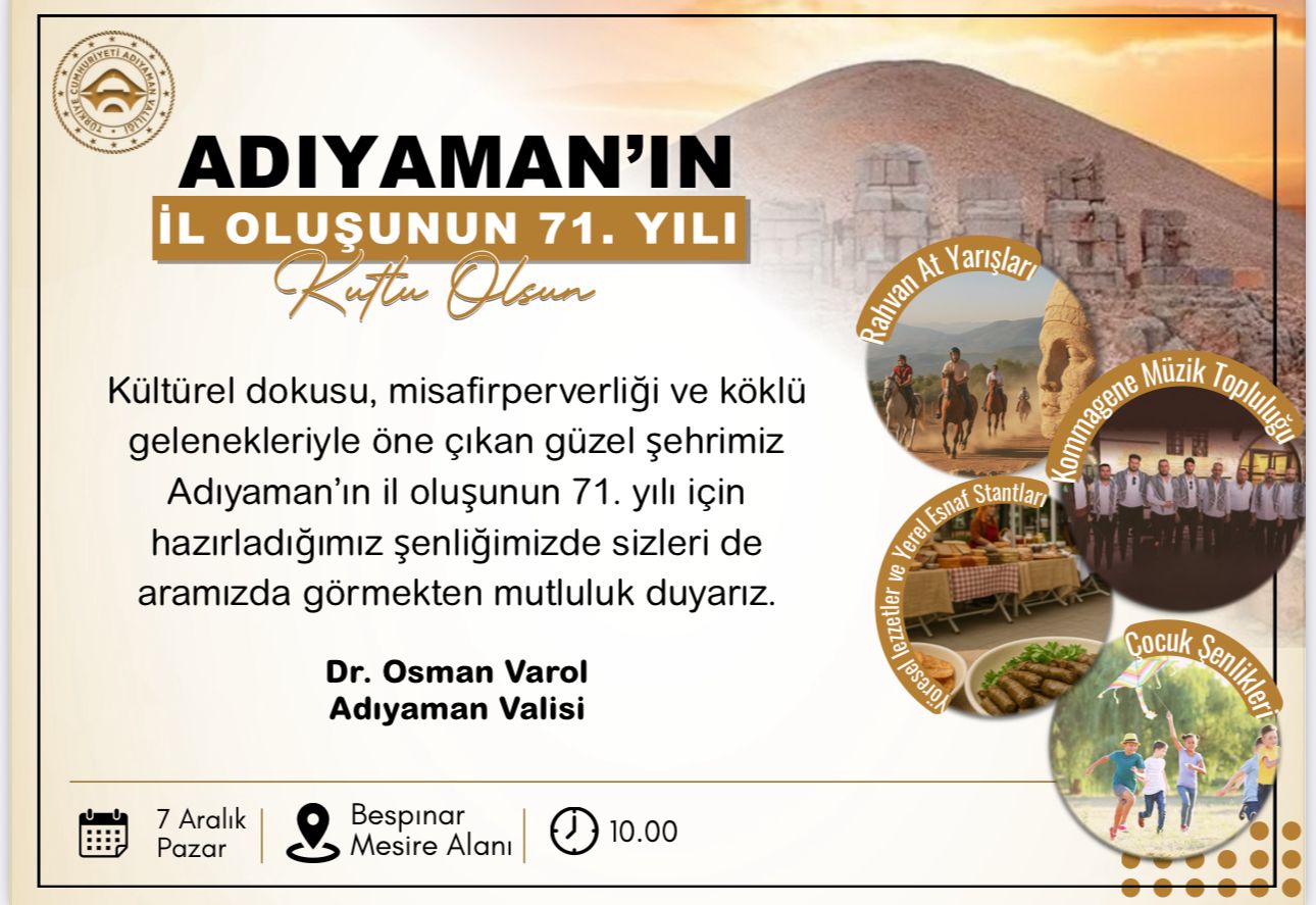 Adıyaman’ın il oluşunun 71. yılı Beşpınar Mesire Alanı’nda kutlanacak